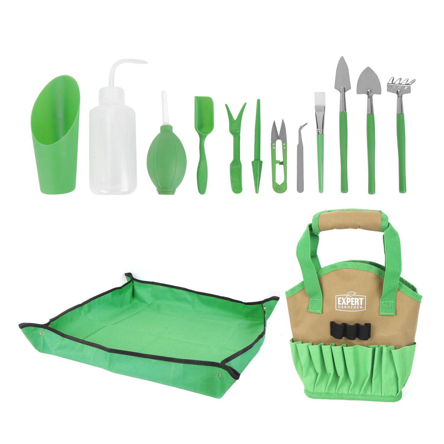 Indoor Gardening Stainless Steel Tool Set, 14 Pieces, Green - homecomforts1