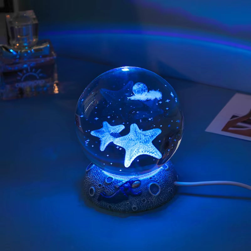 New Crystal Ball Night Light Ornament Luminous Resin Base Glass Handicraft Ornament 3D Engraved Birthday Gift Home Decoration