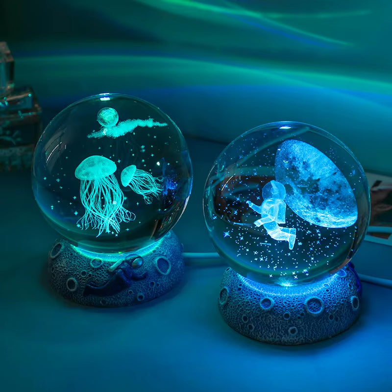 New Crystal Ball Night Light Ornament Luminous Resin Base Glass Handicraft Ornament 3D Engraved Birthday Gift Home Decoration